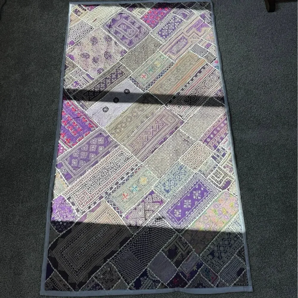 VTG Handmade Indian Patchwork Wall Hanging Rug Mirror Work Embroidered Textile